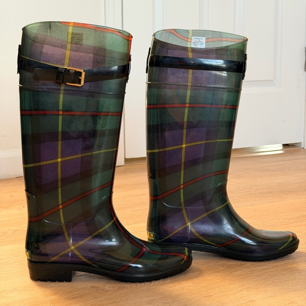 Lauren Ralph Lauren Rossalyn II Black Watch Plaid Rain Boots Knee High Size 10B